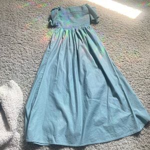 Reformation Tiffany Blue Off the Shoulder Dress